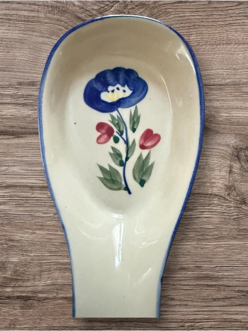 Ceramic Floral Spoon Rest Blue Poppy Hand Painted Vintage Style Kitchen Decor